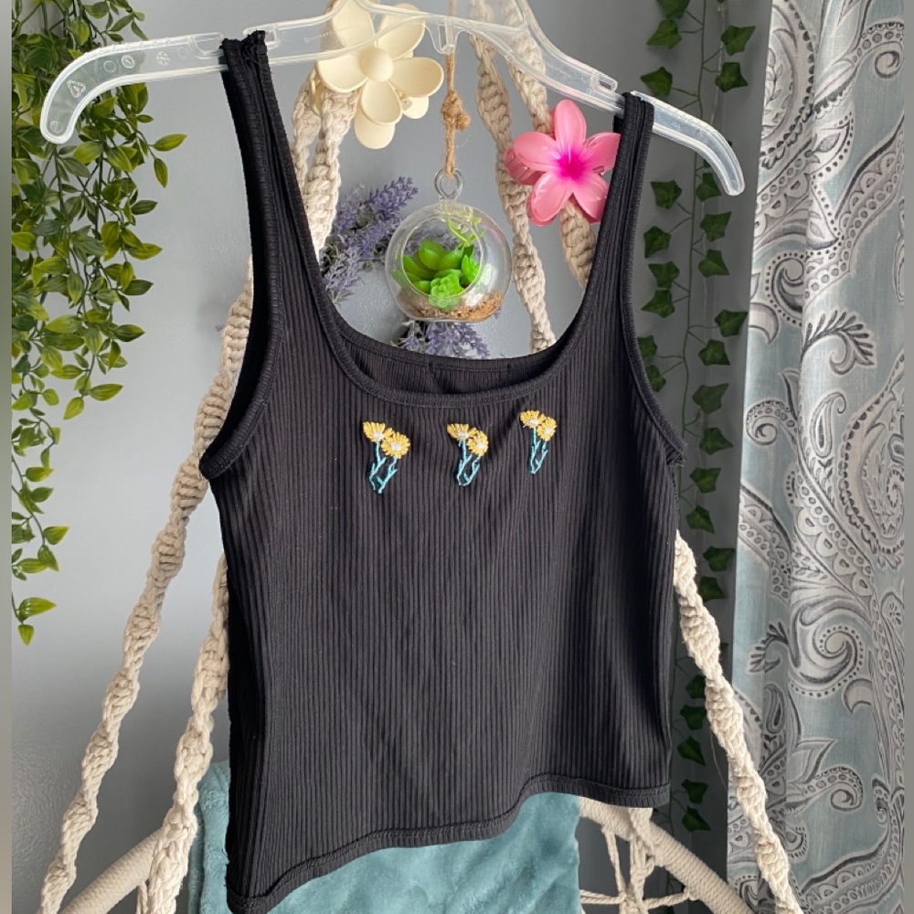 Caution To The Wind Black Tank Top with Yellow Floral Detail
